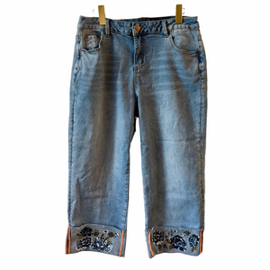 Flamingals Embroidered Blue Denim Cropped Jeans Size XL High Rise Wide Leg Boho